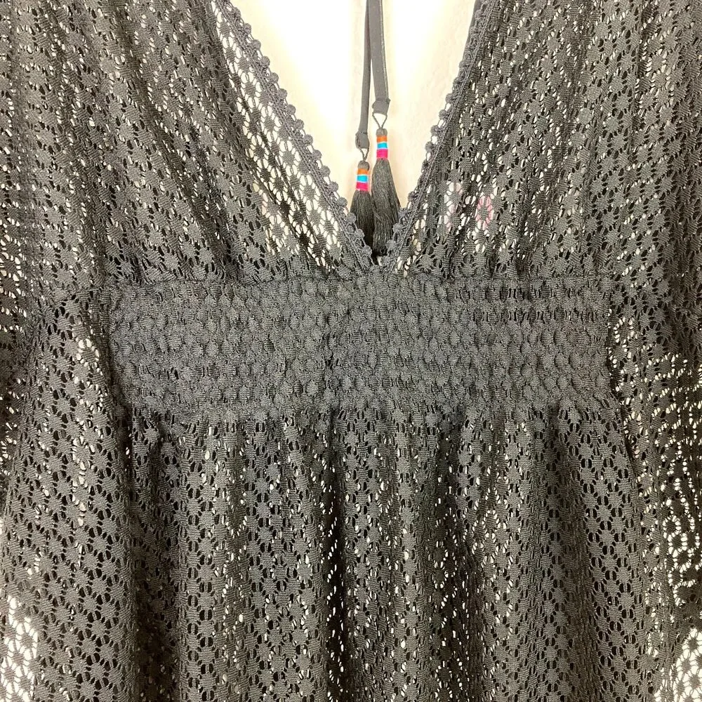 Xhilaration Women’s Crochet Lace Cover Up Size S Black Babydoll Tassels Beach